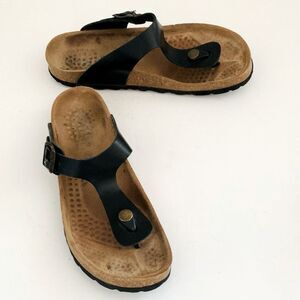 BioStep Black Leather Tan Cork T Strap Flip Flops Sandals sz 7.5 Beach Casual